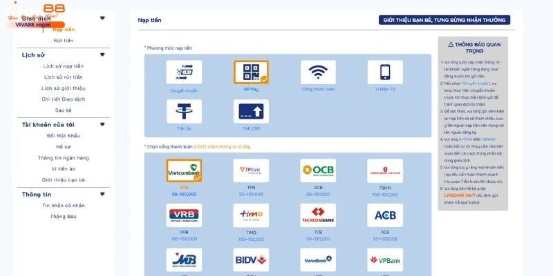 Nạp tiền VIVA88 thông qua thẻ cào khá đơn giản cho người mới